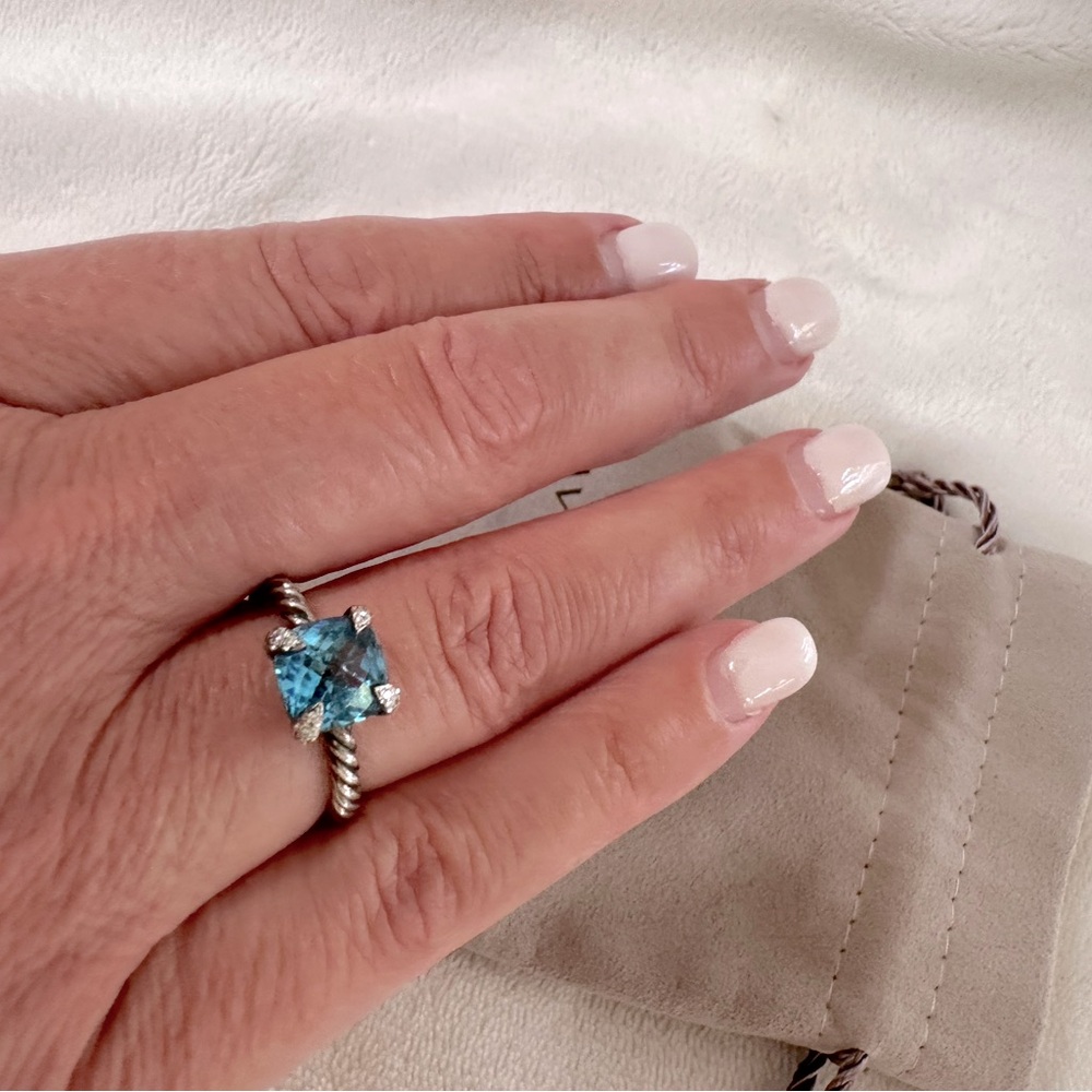 David Yurman Petite Chatelaine Blue Topaz and Pave’ Diamond Ring